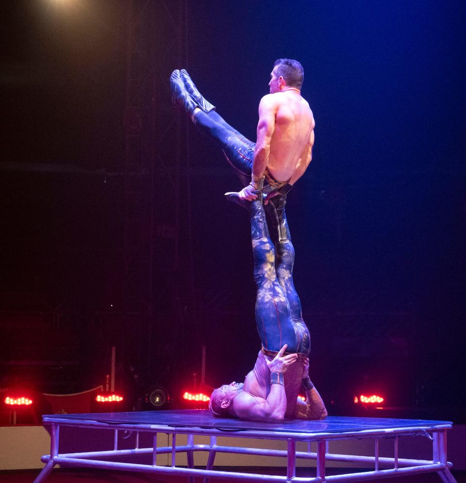 Paulo Lorador supports his brother, Marco, in a performance as the Alexis Brothers, appearing in the Summer Circus Spectacular at The Ringling.