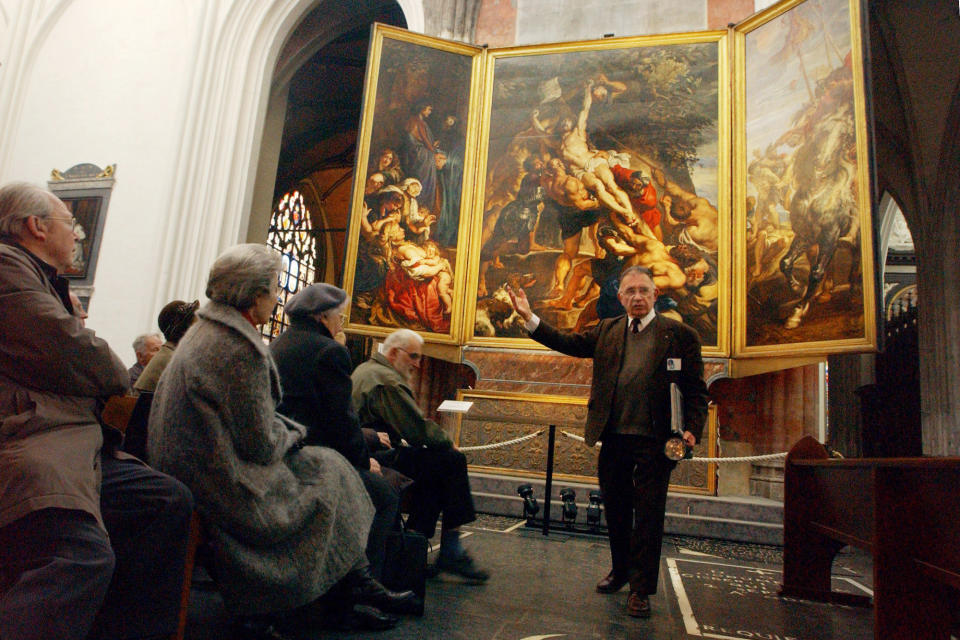 Rubens painted The Elevation of the Cross in Antwerp's now-destroyed Church of St. Walburga, where the finished piece originally lived. He worked on-site because of the triptych's size, which, at its largest, comes in at 15 ft. high, 21 ft. wide.The figure of Christ appears to be based on the Laocoön, a famous ancient sculpture.Location: Cathedral of Our Lady, Antwerp, Belgium.