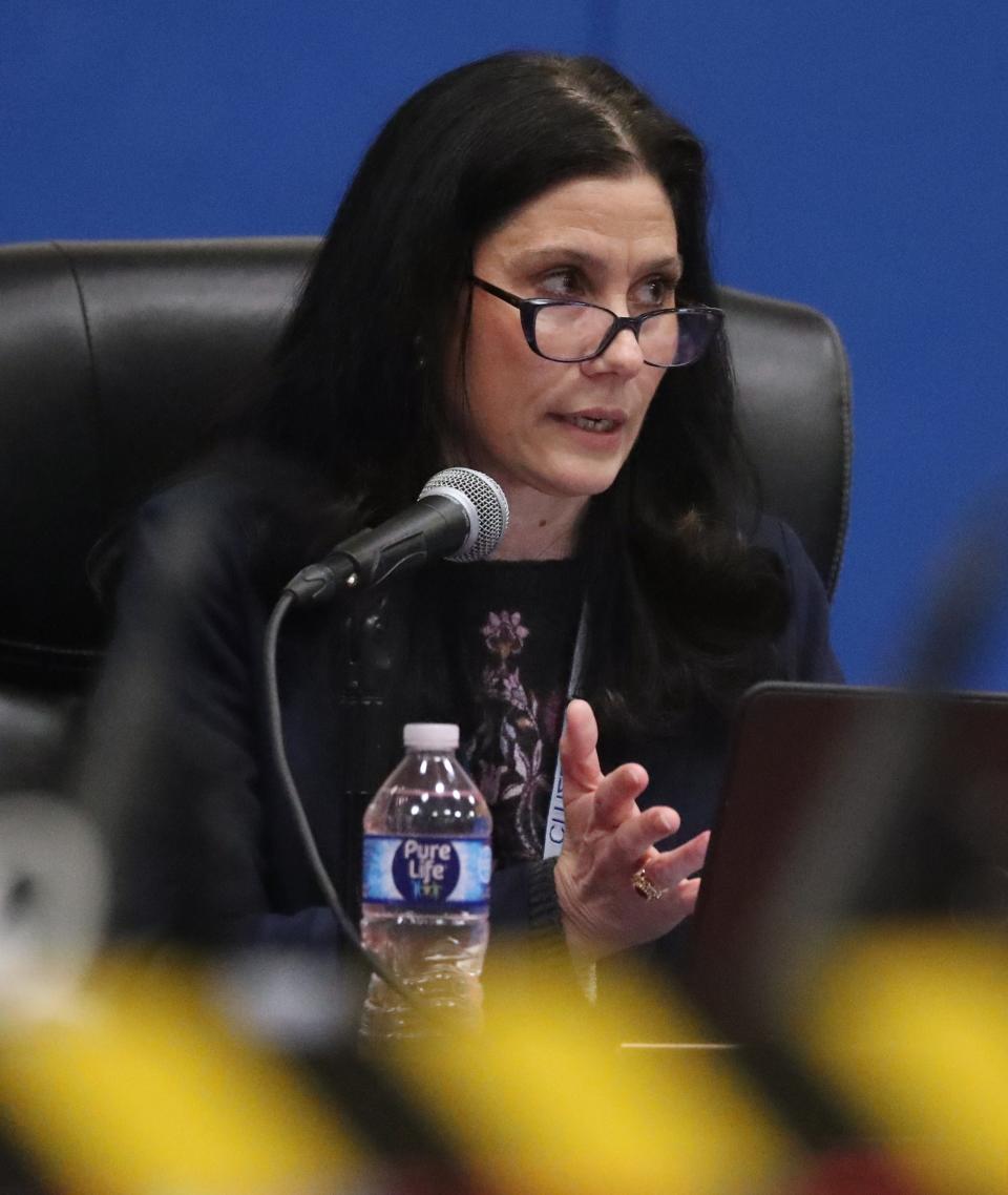 Carmel School District Board of Education President Dawn Dall speaks during a board meeting at Carmel High School March 12, 2024.