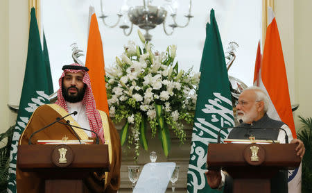 Saudi Arabia's Crown Prince Mohammed bin Salman speaks at a meeting with Prime Minister Narendra Modi as he looks on, at Hyderabad House in New Delhi, February 20, 2019. REUTERS/Adnan Abidi