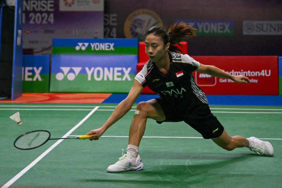 Singapore's Yeo Jia Min hits a return against Taiwan's Tai Tzu-ying in the 2024 India Open semi-finals. 