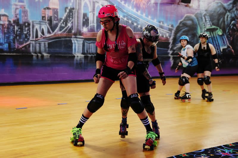 New York's Long Island Roller Rebels practice at the United Skates of America Roller Skating facility in Massapequa, New York