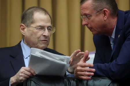 House Judiciary Committee Chairman Jerrold Nadler (D-NY) confers with ranking member Rep. Doug Collins (R-GA) at a House Judiciary Committee hearing titled "Oversight of the Report by Special Counsel Robert S. Mueller III," at which witness and former White House Counsel Donald McGahn was subpoened to testify but failed to appear on Capitol Hill in Washington, U.S., May 21, 2019. REUTERS/Jonathan Ernst