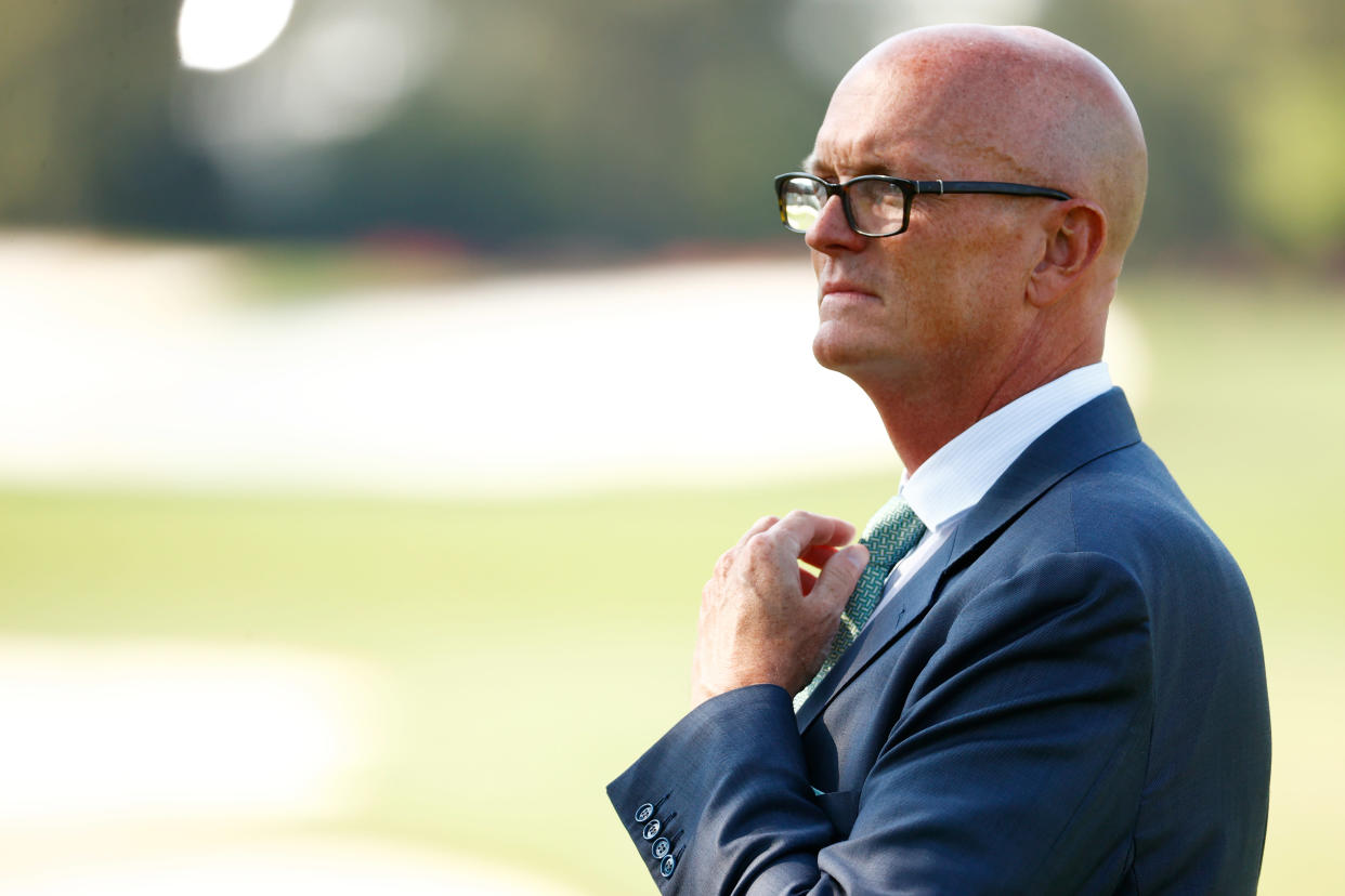 AUGUSTA, GEORGIA - APRIL 06: Sportscaster Scott Van Pelt looks on during a practice round prior to the Masters at Augusta National Golf Club on April 06, 2021 in Augusta, Georgia. (Photo by Jared C. Tilton/Getty Images)