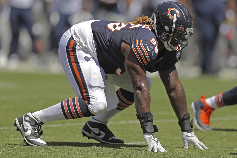 Chicago Bears defensive tackle <a class="link " href="https://sports.yahoo.com/nfl/players/40111" data-i13n="sec:content-canvas;subsec:anchor_text;elm:context_link" data-ylk="slk:Zacch Pickens;sec:content-canvas;subsec:anchor_text;elm:context_link;itc:0">Zacch Pickens</a> (96) prepares for a play during the second half of an NFL football game against the <a class="link " href="https://sports.yahoo.com/nfl/teams/tennessee/" data-i13n="sec:content-canvas;subsec:anchor_text;elm:context_link" data-ylk="slk:Tennessee Titans;sec:content-canvas;subsec:anchor_text;elm:context_link;itc:0">Tennessee Titans</a>, Saturday, Aug. 12, 2023, in Chicago. (AP Photo/Melissa Tamez) ORG XMIT: NYOTK