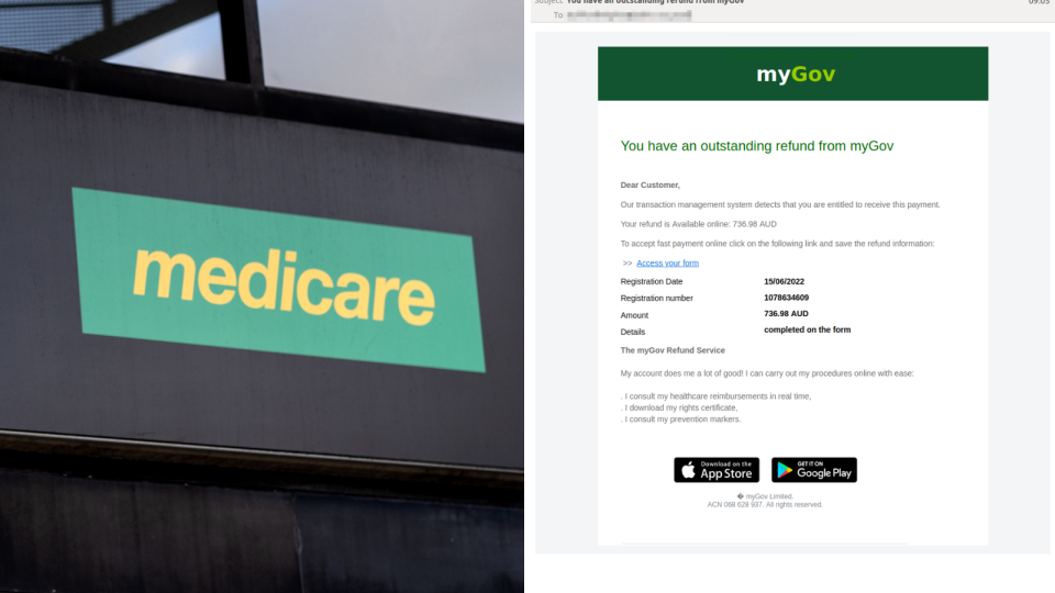 A composite image of a medicare sign on the exterior of a building and a. myGov scam email.