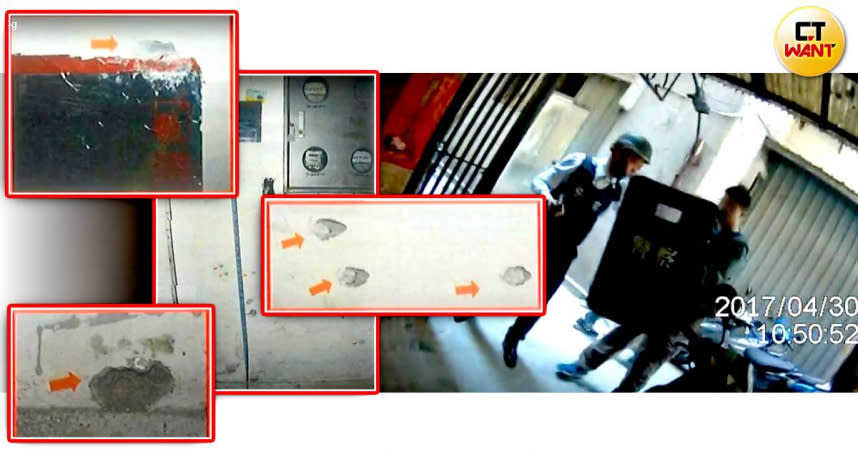 劉邦誠2017年在中和與警方駁火，在民宅樓梯間內留下大片彈痕。（圖／翻攝畫面，ctwant合成）