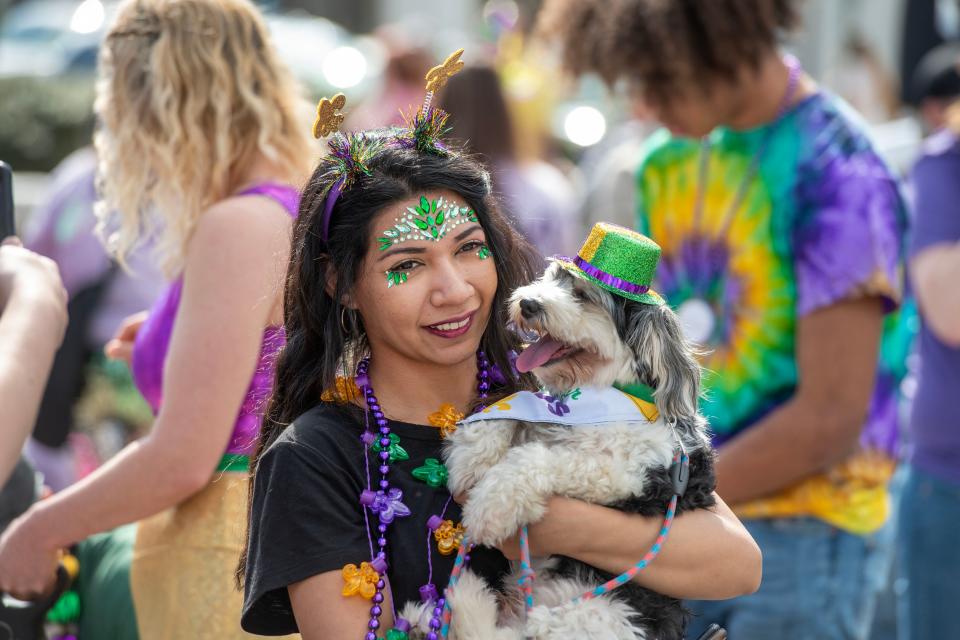 Dogs and their owners check out the festivities during Pawdi-Gras in downtown Pensacola presented by Perfect Plain and Urban South Brewery Sunday, February 5, 2023. The event included vendors, adoptable dogs, music, contests, food trucks and more. Proceeds from the Paw-Rade go to Escambia County Department of Animal Welfare.