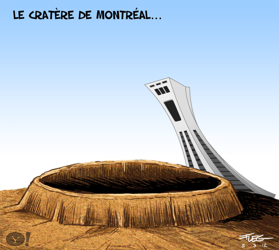 Caricature du 5 mars : Le cratère de Montréal... <a href="http://fr-ca.actualites.yahoo.com/fait-divers-stade-olympique-un-bloc-b%C3%A9ton-se-225307078.html" data-ylk="slk:Consultez l'article;elm:context_link;itc:0;sec:content-canvas;outcm:mb_qualified_link;_E:mb_qualified_link;ct:story;" class="link  yahoo-link">Consultez l'article</a>