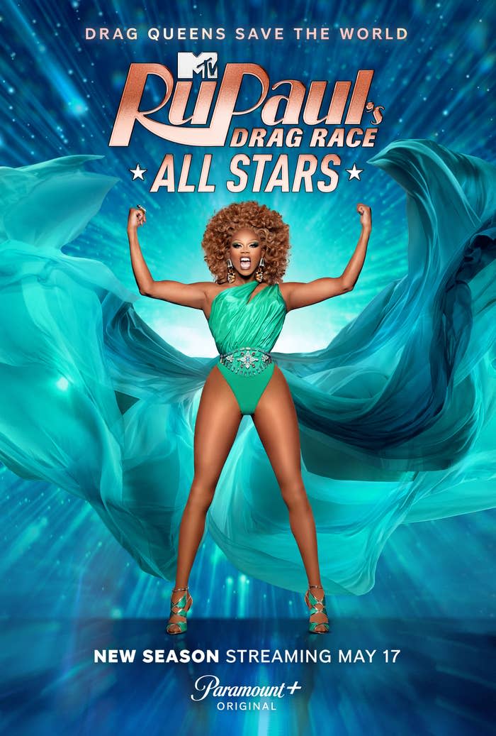 RuPaul with her arms raised, promoting RuPaul's Drag Race All Stars on a poster