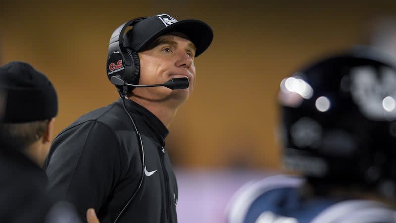 Utah State coach Blake Anderson reacts to a penalty during the second half of the team's NCAA college football game against Boise State on Saturday, Nov. 18, 2023, in Logan, Utah.