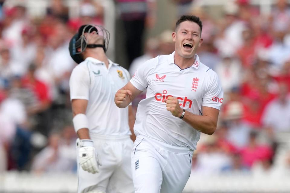 Matty Potts took England’s second wicket of the day at Lord’s  (AP)