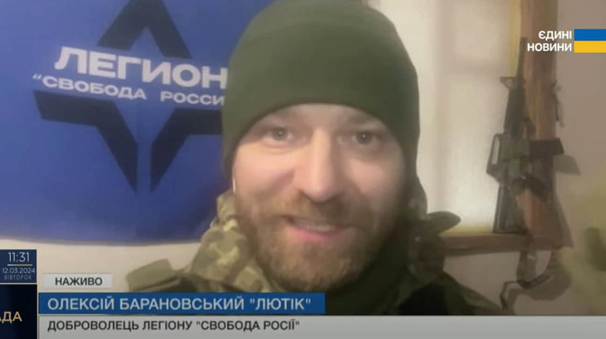 Alexei (aka Liutyk) Baranovsky, a volunteer soldier of the Freedom of Russia Legion. Screenshot: National joint 24/7 newscast