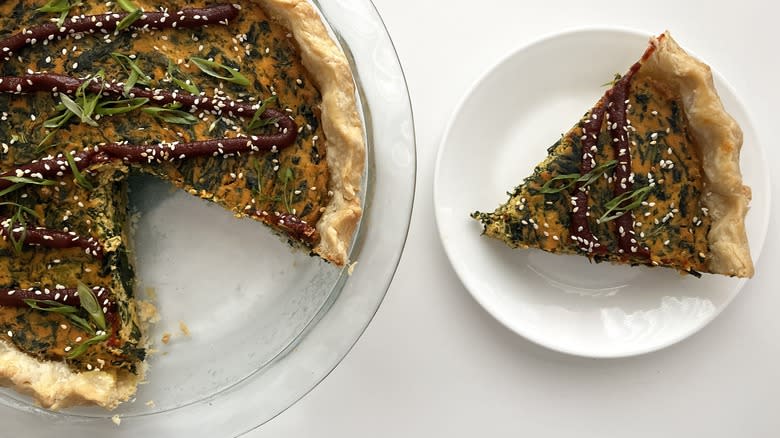 Sigeumchi Namul-Inspired Vegan Quiche sliced and on a plate