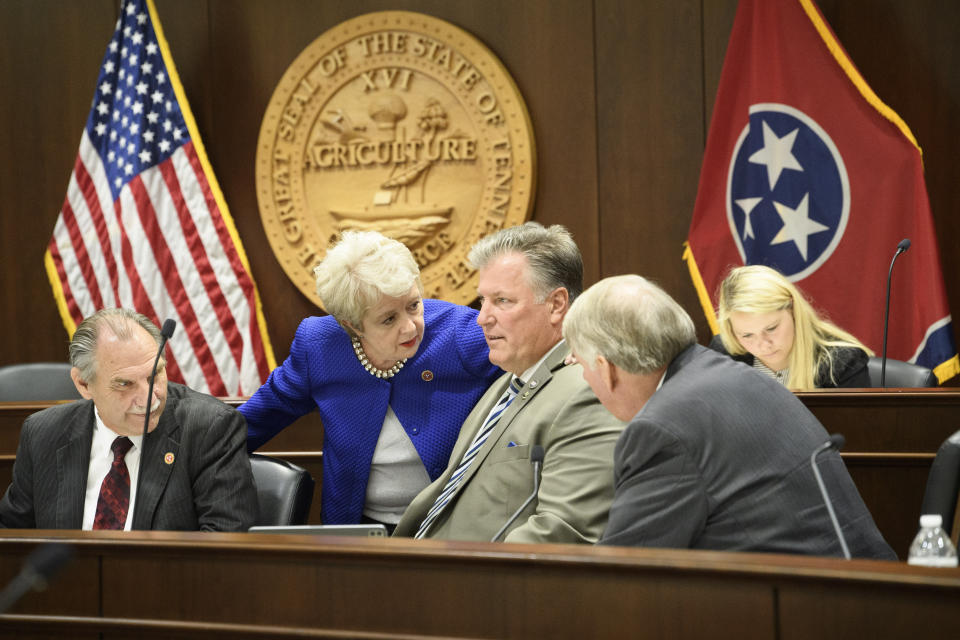 From left, Sen. Mark Pody, R-Lebanon, Sen. Janice Bowling, R-Tullahoma, Rep. Scott Cepicky, R-Culleoka, and Sen. Ed Jackson, R-Jackson, converse before state legislative committee meeting, Wednesday, July 21, 2021, in Nashville, Tenn. Being discussed amongst other things was the Department of Health vaccine administration following the firing of Dr. Michelle Fiscus, the state's top vaccine official, after state lawmakers complained about efforts to promote COVID-19 vaccination among teenagers. (AP Photo/John Amis)