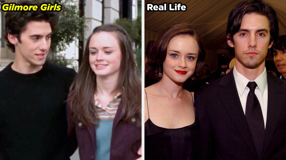 A side by side of Alexis Bledel and Milo Ventimiglia starring in Gilmore Girls and them as a real-life couple dressed in black attire at an event