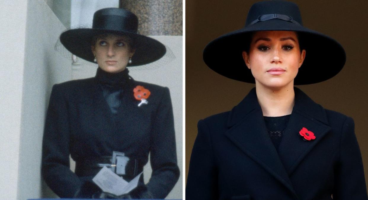 Meghan's choice of hat to the Remembrance day service in 2019 sparked many comparisons to a similar one of Diana's, which she also wore to the sombre occasion. (Getty Images)