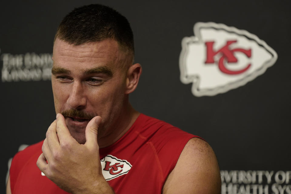 Kansas City Chiefs tight end Travis Kelce talks to the media, Friday, Oct. 6, 2023, at the team's training facility in Kansas City, Mo. (AP Photo/Charlie Riedel)