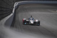 Takuma Sato, of Japan, drives into the Turn 2 during qualifying for the Indianapolis 500 auto race at Indianapolis Motor Speedway in Indianapolis, Sunday, May 19, 2024. (AP Photo/Michael Conroy)