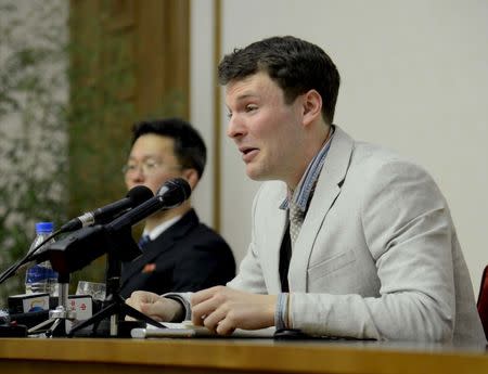 American student Otto Warmbier, a 21-year-old University of Virginia student, was sentenced to 15 years of hard labor on March 16 for crimes against the state. He was detained in January 2016 for trying to steal an item bearing a propaganda slogan from his hotel in Pyongyang, North Korean media said. REUTERS/KCNA