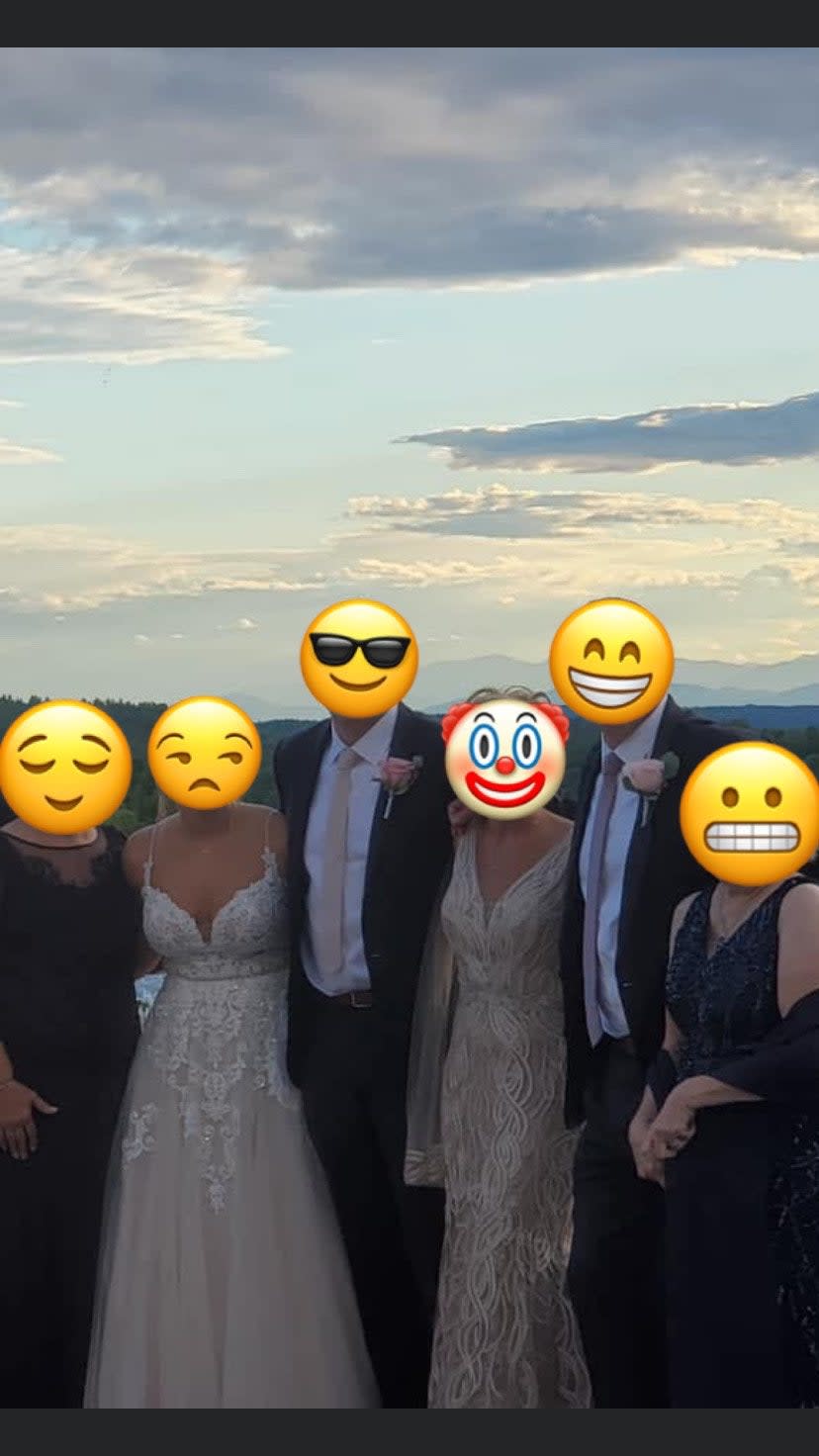 Bridal party with mother-in-law wearing a wedding dress