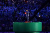 <p>Japanese Prime Minister Shinzo Abe appears from the pipe duirng the flag handover segment during the Closing Ceremony on Day 16 of the Rio 2016 Olympic Games at Maracana Stadium on August 21, 2016 in Rio de Janeiro, Brazil. (Photo by Patrick Smith/Getty Images) </p>