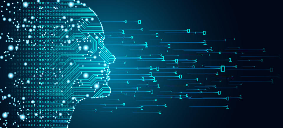 Big data and artificial intelligence concept. Machine learning and cyber mind domination concept in form of men face outline outline with circuit board and binary data flow on blue background.