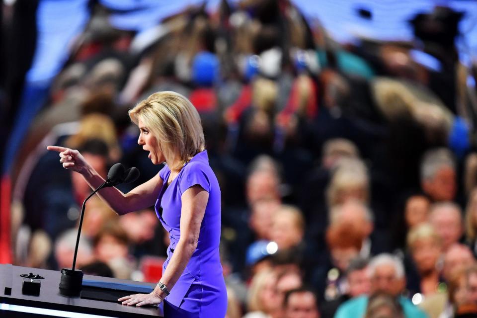 Political talk radio host Laura Ingraham gestures to the crowd as she delivers a speech on the third day of the Republican National Convention on July 20, 2016 at the Quicken Loans Arena in Cleveland, Ohio.