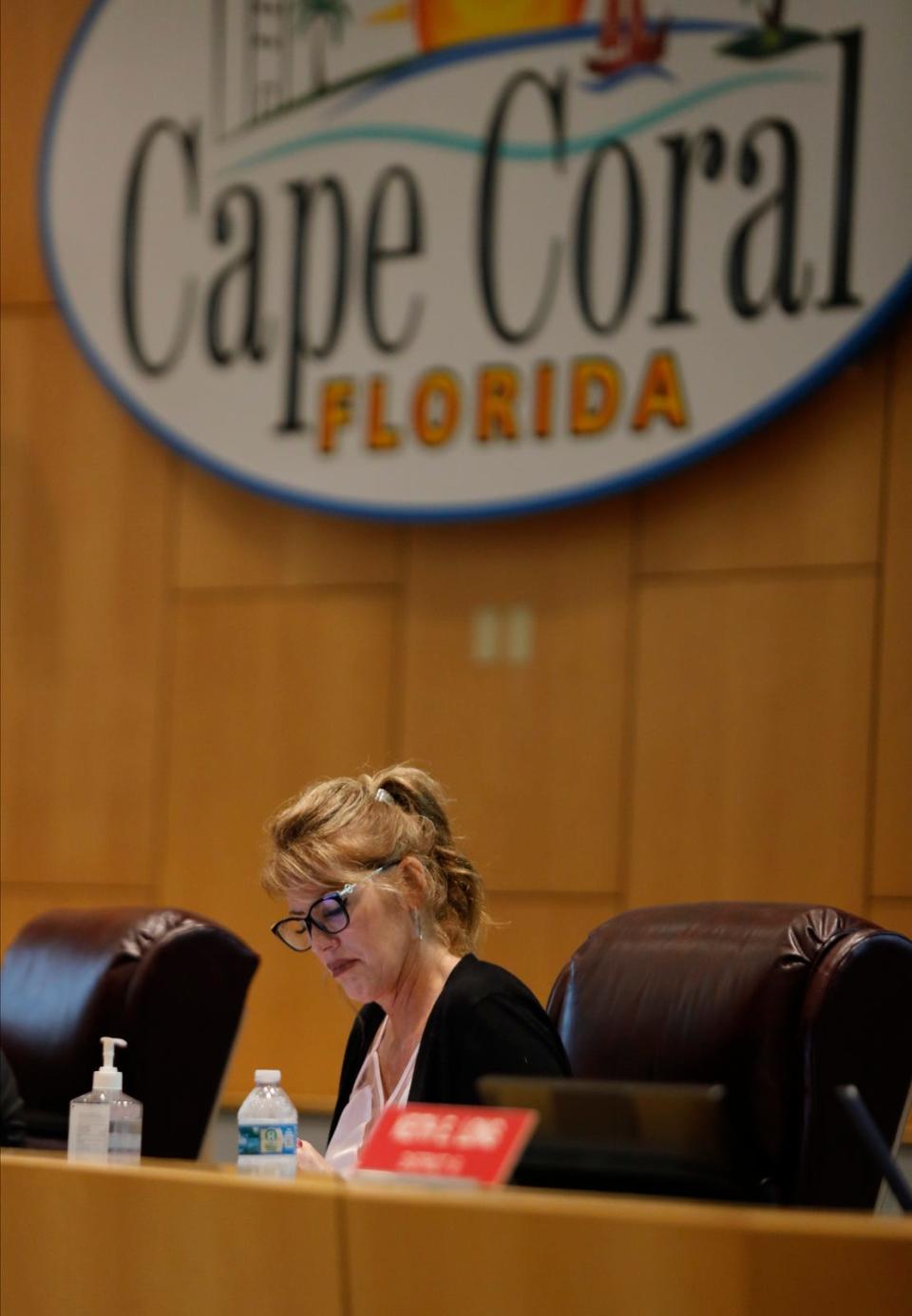 Cape Coral council member Patty Cummings participates in the council meeting at City Hall Wednesday, Nov. 15, 2023. After an ongoing investigation by the State AttorneyÕs Office Cummings turned herself in to authorities on Tuesday, Nov. 14, 2023 after being charged with three felonies.