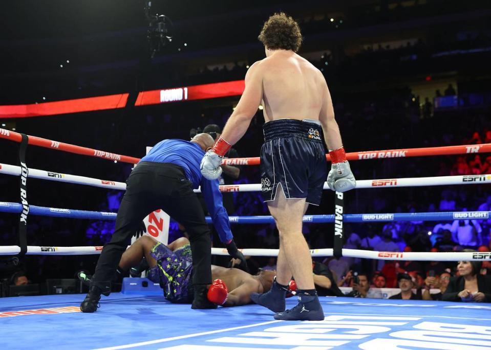 Richard Torrez Jr. knocks down Willie Jake Jr. during their heavyweight fight at Desert Diamond Arena on Saturday, August 12, 2023 in Glendale, Ariz.