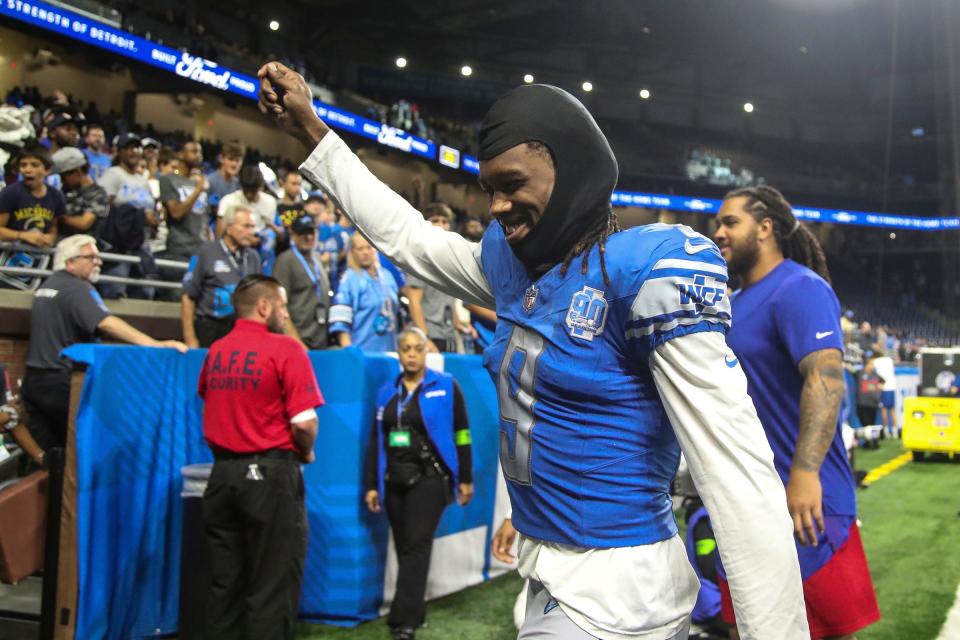 Detroit Lions wide receiver Jameson Williams (9) waves at fans after a 21-16 win over the New York Giants at a preseason game at Ford Field in Detroit on Friday, Aug. 11, 2023.