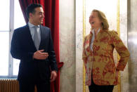 Macedonian Foreign Minister Nikola Dimitrov talks with Austrian Foreign Minister Karin Kneissl at the Foreign Ministry in Vienna, Austria, March 30, 2018. REUTERS/Heinz-Peter Bader