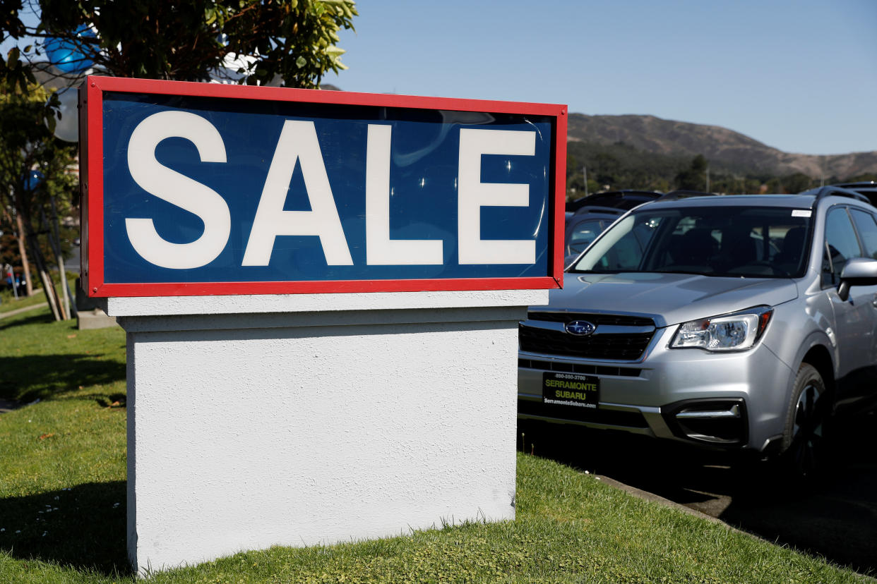 A sale sign is seen at car dealer Serramonte Subaru in Colma, California, U.S., October 3, 2017. REUTERS/Stephen Lam