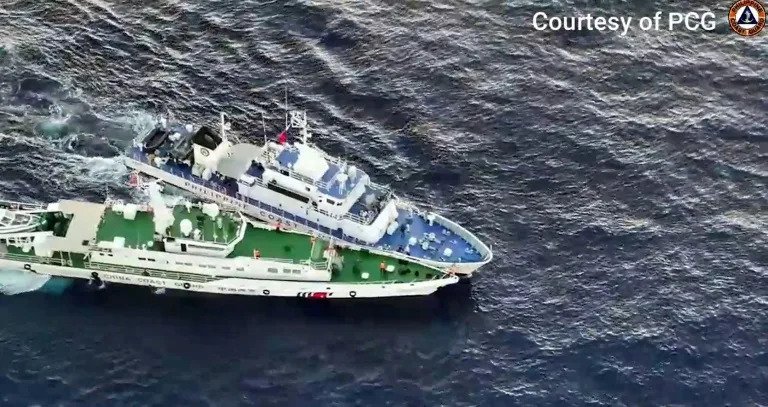 A frame grab from aerial video footage shows the collision between ships of the Chinese and Philippine coast guards (Handout)