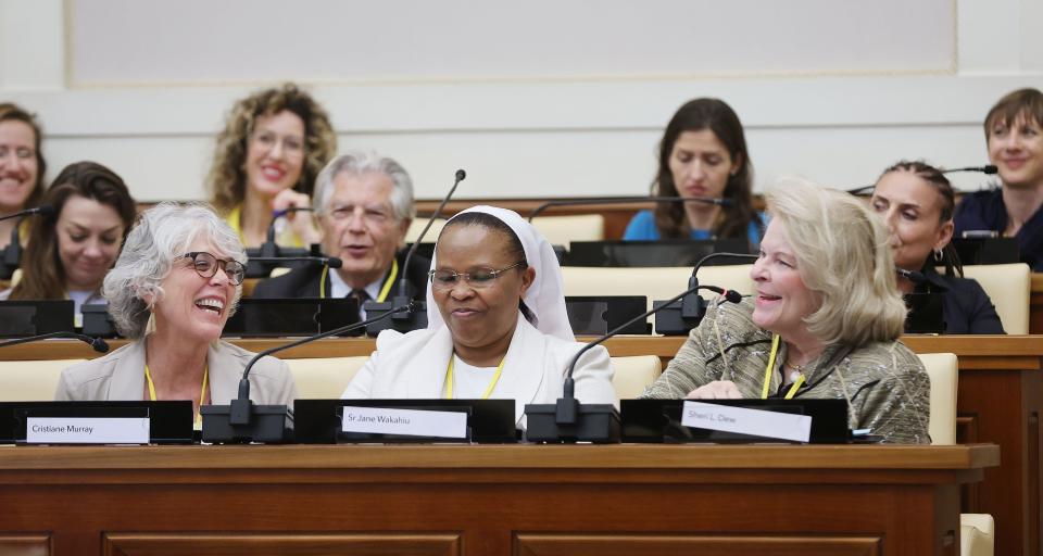 DMC executive vice president Sheri Dew, right, participates on a panel with Cristiane Murray and Sister Jane Wakahiu during a Deseret Management Corporation partnered symposium on the “Role of Media and Art in Society” at the Vatican in Rome on Thursday, May 11, 2023. | Jeffrey D. Allred, Deseret News