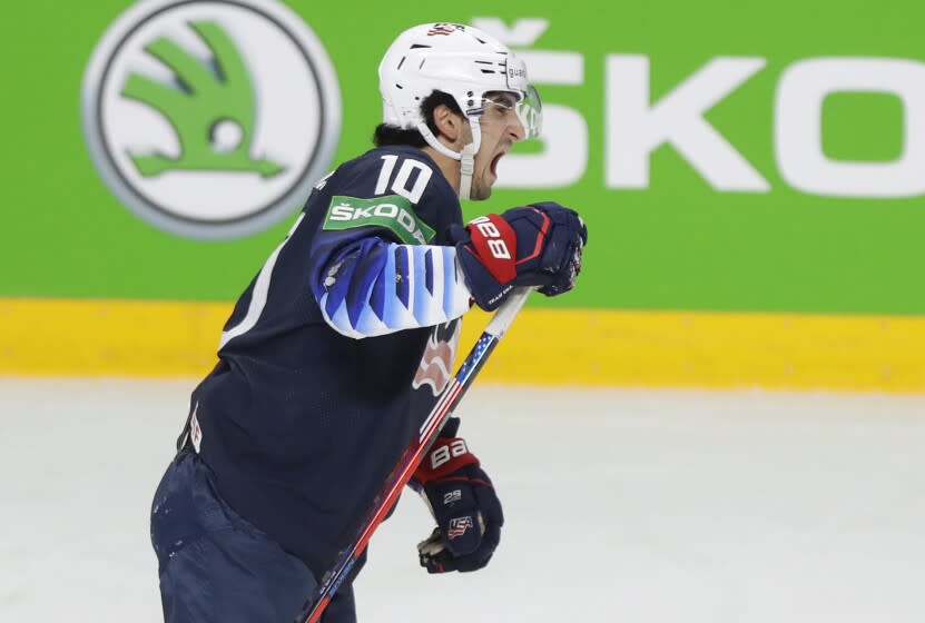 Matty Beniers of the US shouts during the Ice Hockey World Championship quarterfinal match between the United States and Slovakia at the Arena in Riga, Latvia, Thursday, June 3, 2021. (AP Photo/Sergei Grits)