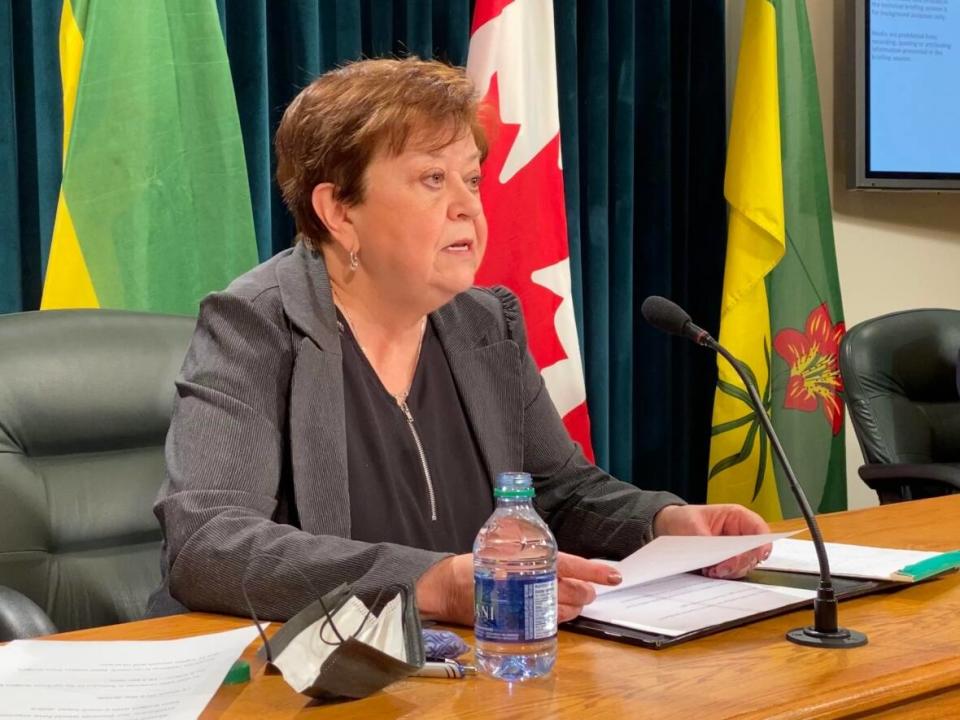 Saskatchewan Finance Minister Donna Harpauer said the province's projected $2.7-billion deficit is largely due to an expected $2.4 billion in crop insurance claims — $1.5 billion of which have already been paid out. (Kirk Fraser/CBC News - image credit)