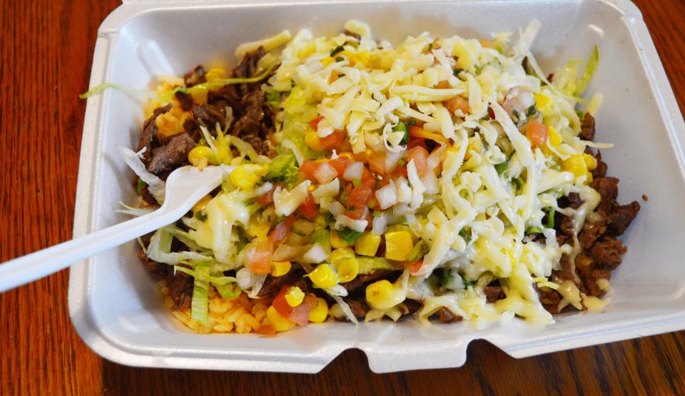 A bowl with beef is available at the Tacos Al Pastor food truck, which is located on South Leonard Springs Road in Bloomington.