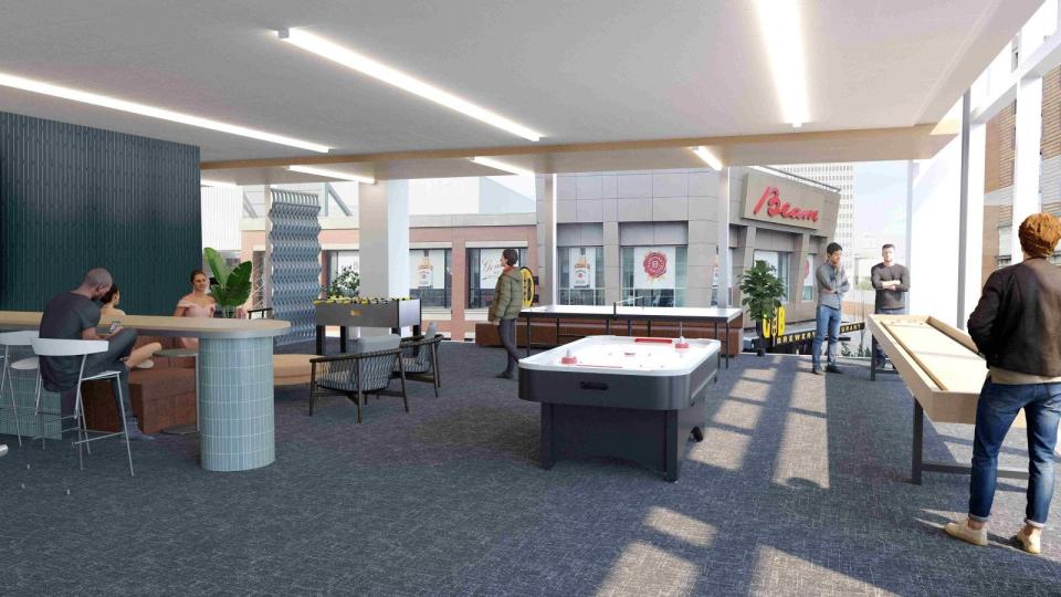 A rendering shows a new game space at the 401 S. Fourth St. tower in downtown Louisville. The area is part of a larger renovation focused on communal spaces at the 26-story office building, which sold to new Indianapolis-based owners in spring 2023.