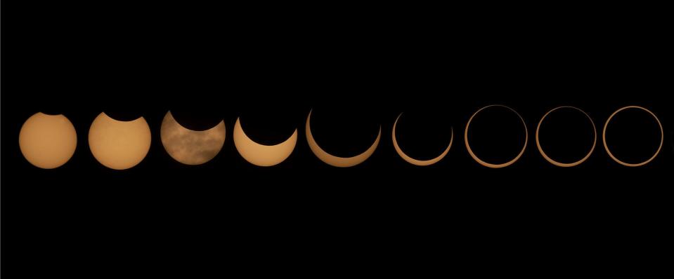 A composite image shows the different phases of the annular solar eclipse as seen from Torrey, Utah, on Saturday, Oct. 14, 2023. A phenomenon known as the “ring of fire” is visible because of the way the sun’s edges perfectly surround the moon. | Laura Seitz, Deseret News