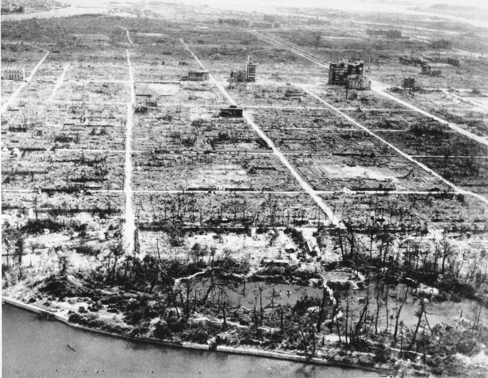 This photo shows the total destruction of the city of Hiroshima, Japan, on April 1, 1946.  The atomic bomb known as "Little Boy" was dropped over Hiroshima on Aug. 6, 1945, during World War II from the U.S. AAF Superfortress bomber plane called "Enola Gay."