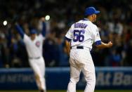 October 13, 2015; Chicago, IL, USA; Chicago Cubs relief pitcher Hector Rondon (56) reacts after striking out St. Louis Cardinals left fielder Stephen Piscotty (55) for the final out of the ninth inning in game four of the NLDS at Wrigley Field. Mandatory Credit: Jerry Lai-USA TODAY Sports