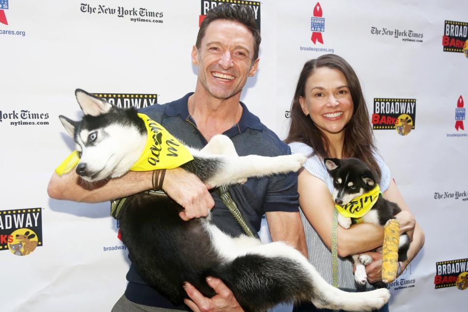 NEW YORK, NEW YORK - JULY 09: Hugh Jackman and Sutton Foster pose at 2022 Broadway Barks at Shubert Alley on July 09, 2022 in New York City. (Photo by Bruce Glikas/WireImage)