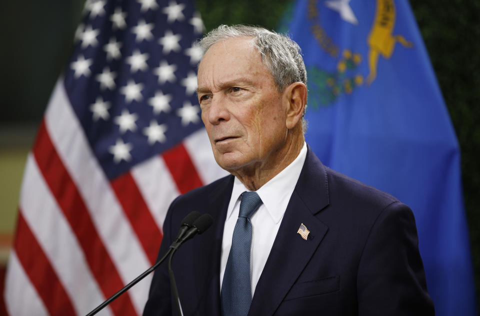 FILE - In this Feb. 26, 2019, file photo, former New York City Mayor Michael Bloomberg speaks at a news conference at a gun control advocacy event in Las Vegas. Tennessee’s top election officials say Bloomberg has requested a petition that would require securing 2,500 signatures from registered voters in less than a month if he wants to qualify for the state’s Democratic presidential primary ballot. The secretary of state’s office confirmed Wednesday, Nov. 13, that Bloomberg requested the ballot petition earlier this week. (AP Photo/John Locher, File)