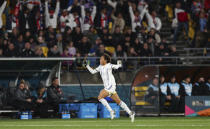 FILE - Philippines' Sarina Bolden reacts after scoring her team's first goal during the Women's World Cup Group A soccer match between New Zealand and the Philippines in Wellington, New Zealand, Tuesday, July 25, 2023.The group stage was the source of enormous national pride for Portugal, the Philippines, Vietnam, Panama, Ireland, Haiti, Zambia and Morocco, all newcomers to the highest level of international women's soccer. (AP Photo/Alysa Rubin,File)