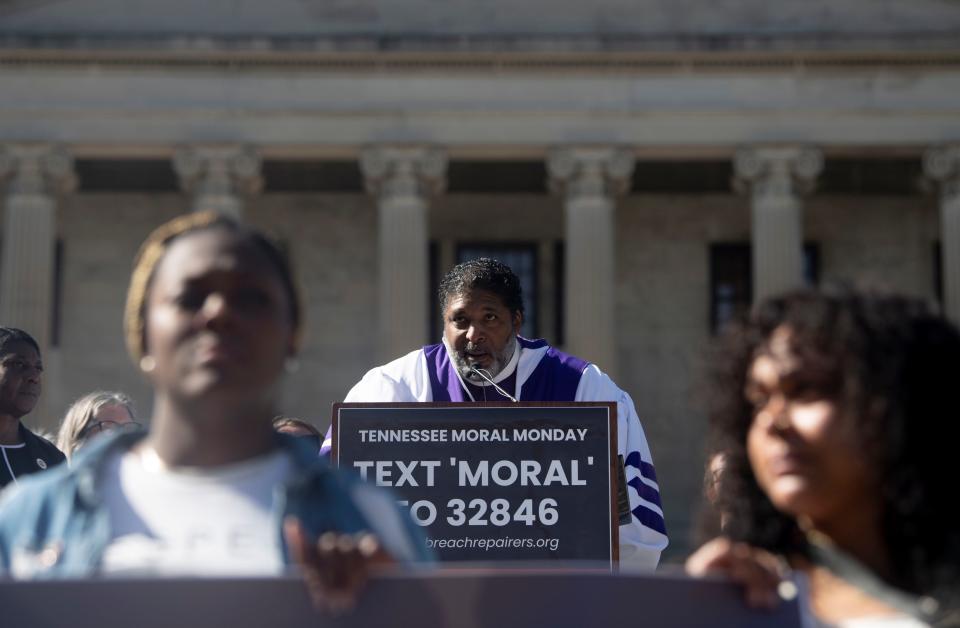 Rev. William J. Barber II, speaks outside of the State Capitol as part of Moral Monday events in Nashville, Tenn., on Monday, April 17, 2023.