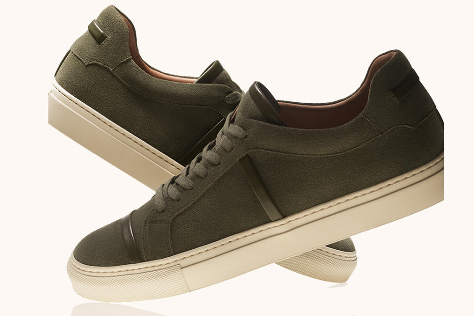 Malone Souliers’ men’s Deon style sneaker in pine suede. - Credit: Courtesy of Malone Souliers