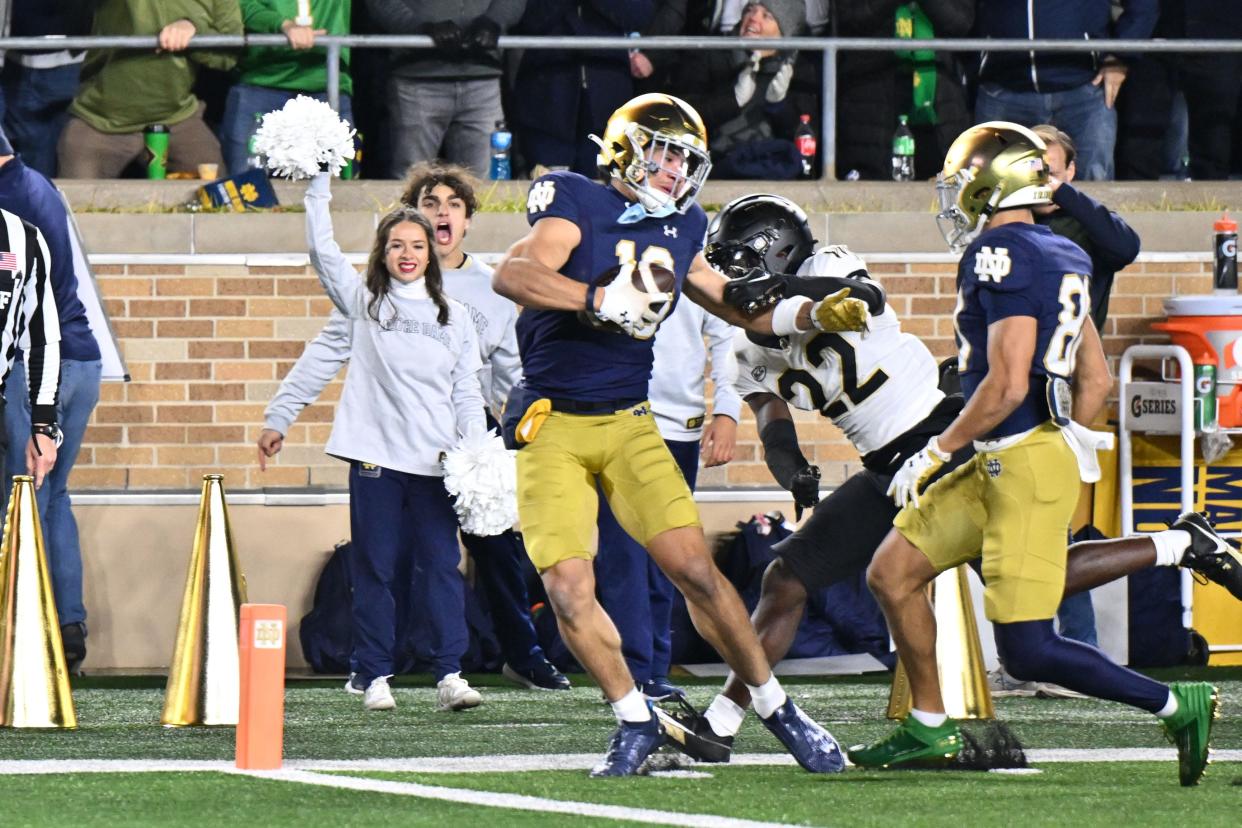 Notre Dame receiver Jaden Greathouse scores a touchdown against Wake Forest in November. The former Westlake standout will help lead the Fighting Irish against Oregon State in the Sun Bowl on Dec. 29.