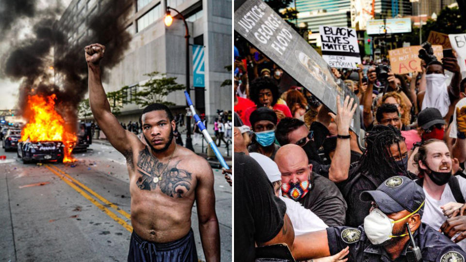 A man holds up a closed fist as a car burns in the background (left) in Atlanta. Pictured on the right are protesters and police clashing outside CNN Centre in downtown Atlanta.