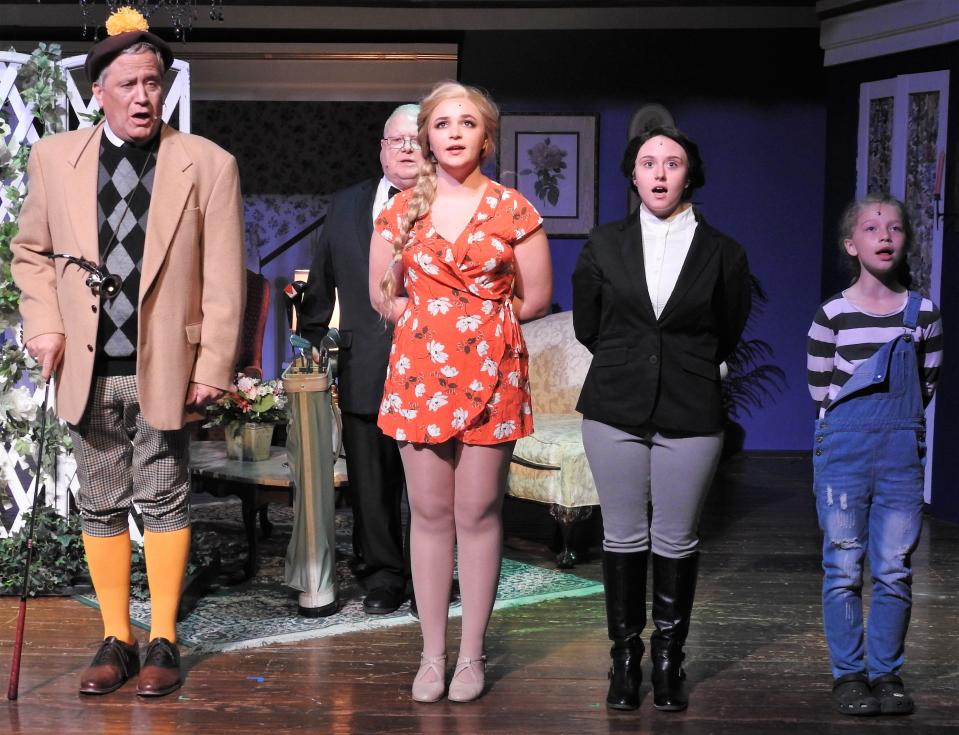 Nick Fisher as Major Bouvier, Amanda Kittel as Little Edie, Sophia Dotson as Jackie Bouvier and Jozie Adams as Lee Bouvier in a scene from "Grey Gardens" opening for the Coshocton Footlight Players at the Triple Locks Theater. The first act is set in 1941 and the second in 1973.